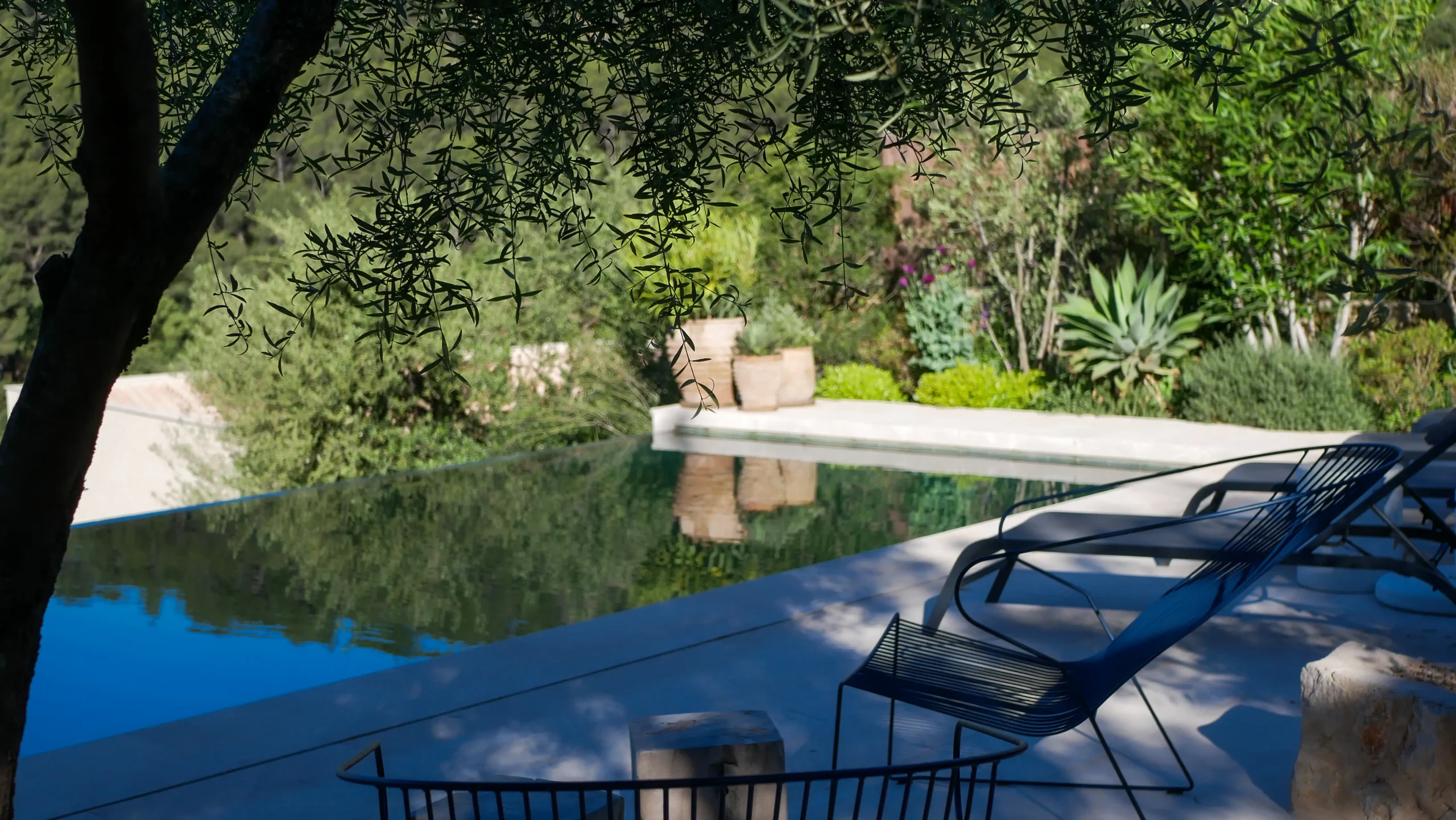 Shaded seating area beside a natural pool with olive trees and Mediterranean plants.