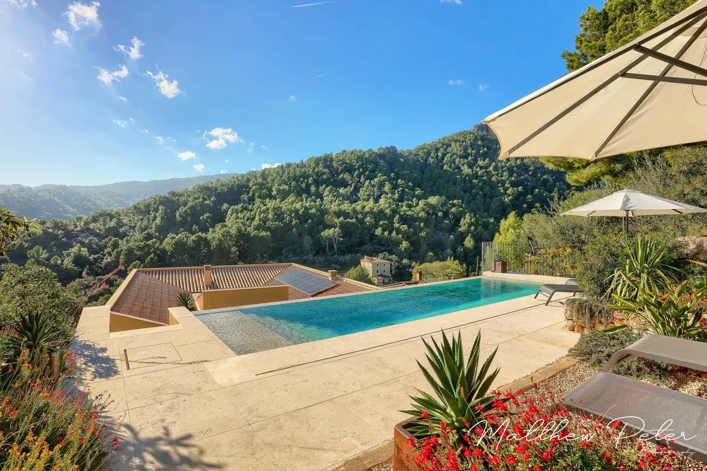 Infinity pool overlooking pine forest and hillside, bordered by native planting.