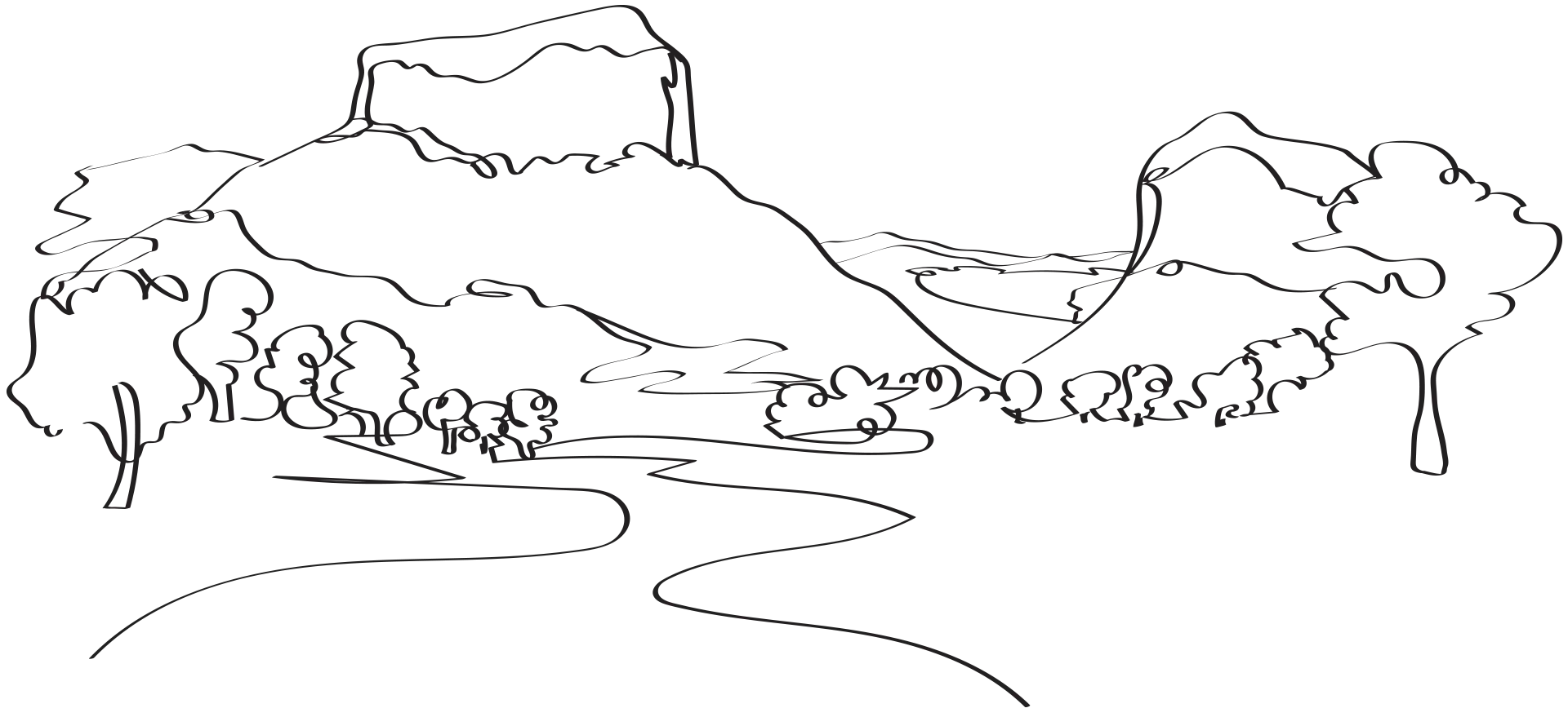 line drawing of mallorca mountain range and trees