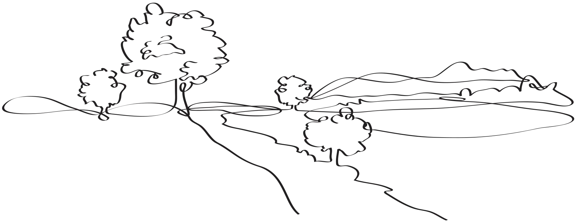 line drawing of Mallorca landscape with trees and mountains